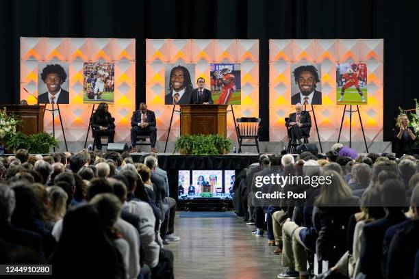 University of Virginia President Jim Ryan speaks during a memorial service for three slain University of Virginia football players Lavel Davis Jr.,...