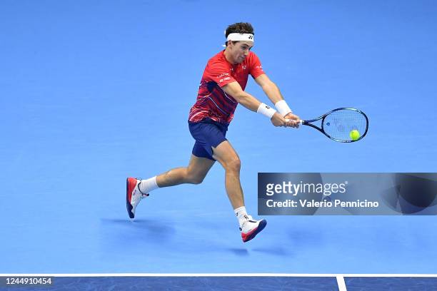 Casper Ruud of Norway plays a backhand shot during the semi final match between Andrey Rublev of Russia during day seven of the Nitto ATP Finals at...