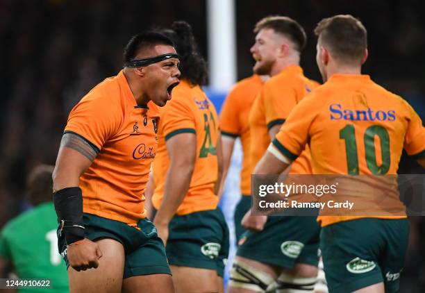 Dublin , Ireland - 19 November 2022; Allan Ala'alatoa of Australia celebrates his side winning a penalty during the Bank of Ireland Nations Series...