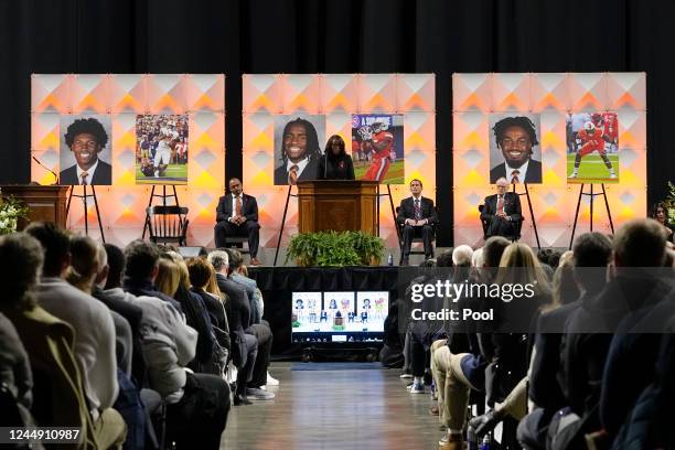 University of Virginia Athletic Director Carla Williams speaks during a memorial service for three slain University of Virginia football players...