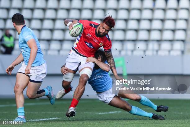 Vaea Fifita of Tonga competes for the ball with Lucas Bianchi of Uruguay during the Autumn International match between Tonga and Uruguay at Arc de...