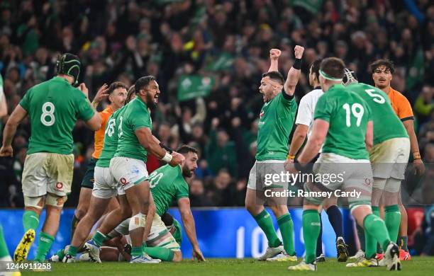 Dublin , Ireland - 19 November 2022; Cian Healy of Ireland, right, celebrates at the final whistle after his side's victory in the Bank of Ireland...