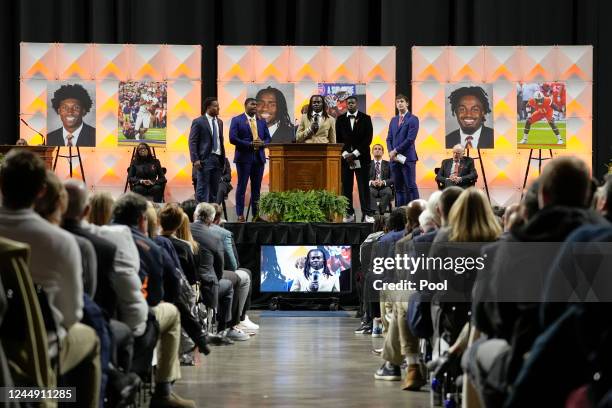 University of Virginia football player speaks during a memorial service for three slain University of Virginia football players Lavel Davis Jr.,...