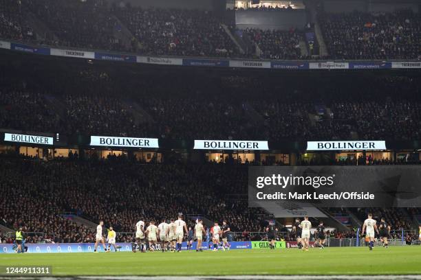 Bollinger champagne is advertised during the Autumn International match between England and New Zealand at Twickenham Stadium on November 19, 2022 in...