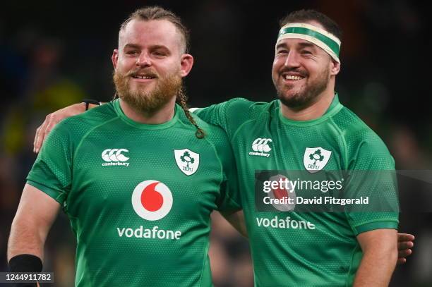 Dublin , Ireland - 19 November 2022; Finlay Bealham, left, and Rob Herring of Ireland after the Bank of Ireland Nations Series match between Ireland...