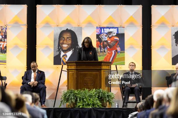 University of Virginia Director of Athletics Carla Williams speaks during a memorial service for three slain University of Virginia football players...