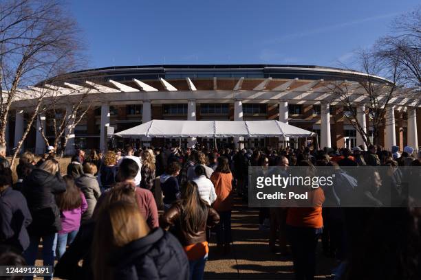Crowd waits to enter a memorial service for three slain University of Virginia football players Lavel Davis Jr., D'Sean Perry and Devin Chandler at...