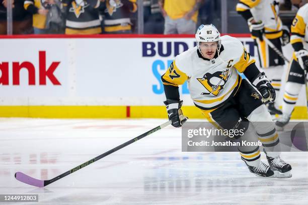 Sidney Crosby of the Pittsburgh Penguins takes part in the pre-game warm up prior to NHL action against the Winnipeg Jets at the Canada Life Centre...