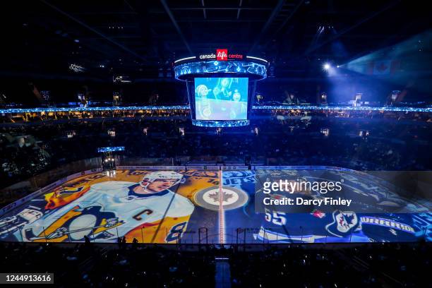 General view of the arena bowl on-ice projections prior to NHL action between the Winnipeg Jets and the Pittsburgh Penguins at the Canada Life Centre...