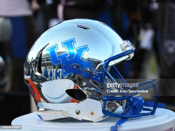 Kentucky Wildcats football helmet sits on the sideline during the college football game between the Georgia Bulldogs and the Kentucky Wildcats on...