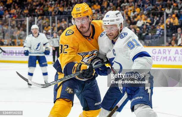 Ryan Johansen of the Nashville Predators battles against Steven Stamkos of the Tampa Bay Lightning during an NHL game at Bridgestone Arena on...