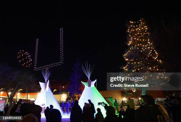 Drone show lights up the sky above Confederation Park showing the CFL cities on the eve of the Canadian Football Leagues championship, the Grey Cup,...