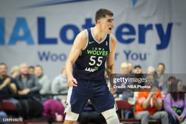 November 19: Luka Garza of the Iowa Wolves celebrates against the Wisconsin Herd on Saturday, November 19, 2022 at Wells Fargo Arena in Des Moines,...