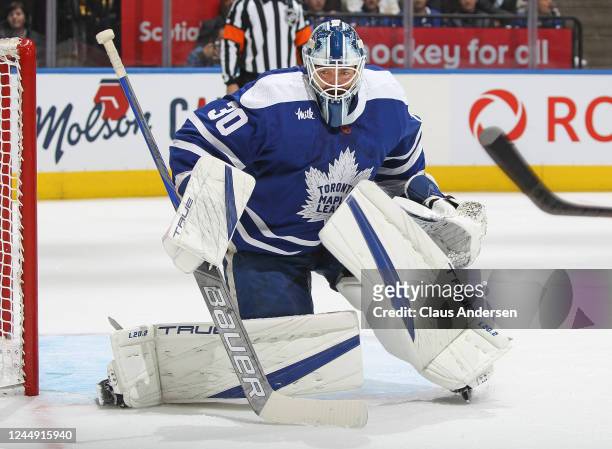 Matt Murray of the Toronto Maple Leafs watches for a rebound against the Buffalo Sabres during an NHL game at Scotiabank Arena on November 19, 2022...