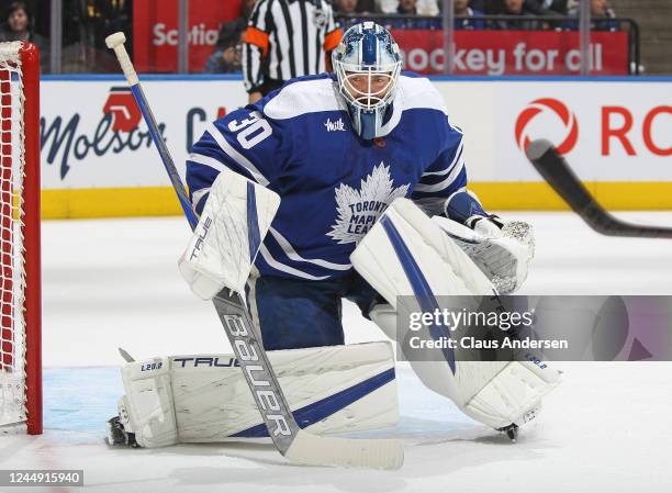 Matt Murray of the Toronto Maple Leafs watches for a rebound against the Buffalo Sabres during an NHL game at Scotiabank Arena on November 19, 2022...