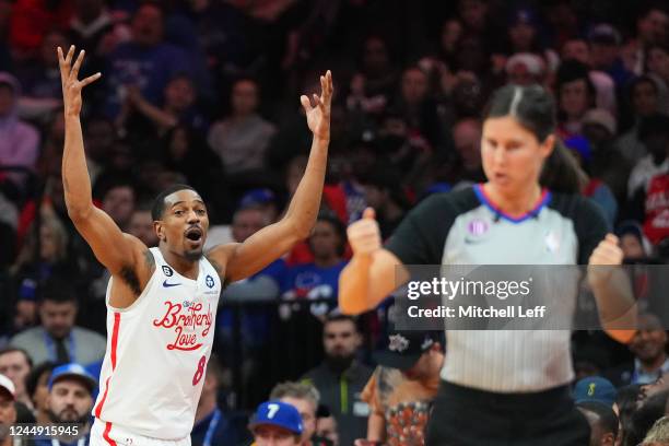 De'Anthony Melton of the Philadelphia 76ers reacts after being called for a foul by referee Natalie Sago against the Minnesota Timberwolves in the...