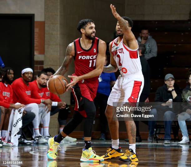 November 19: Mychal Mulder of the Sioux Falls Skyforce looks to pass the ball away from the defense of Anthony Tucker of the Windy City Bulls at the...