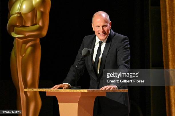 Woody Harrelson speaks onstage at the Academys 13th Governors Awards held at the Fairmont Century Plaza on November 19, 2022 in Los Angeles,...