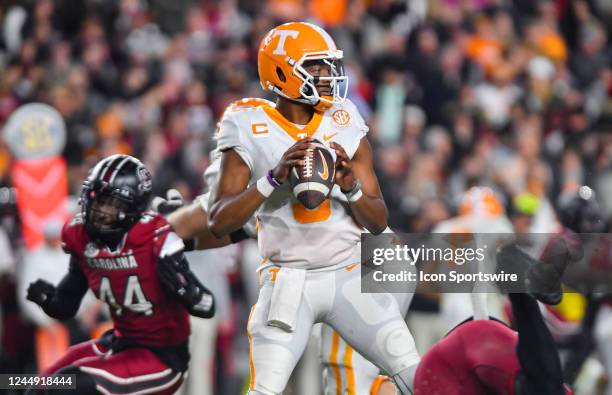 Tennessee Volunteers quarterback Hendon Hooker prepares to make a pass during the second quarter of a college football game between the Tennessee...