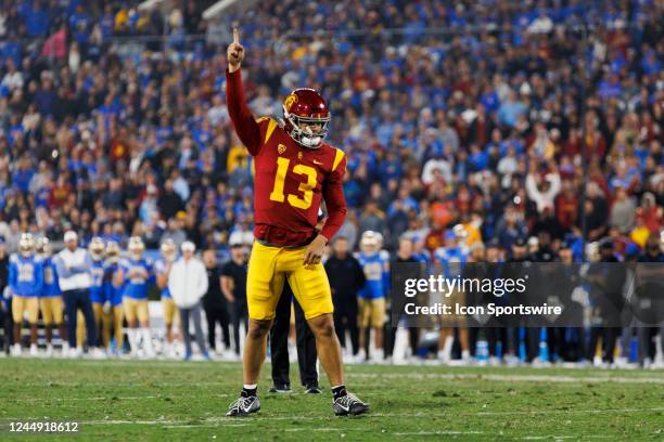 Trojans quarterback Caleb Williams celebrates a touchdown during the college football game between the USC Trojans and the UCLA Bruins on November...