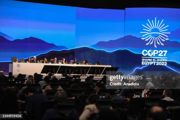 President and Egyptian Foreign Minister Sameh Shoukry speaks during the closing session of UN climate summit COP27 held in Sharm el-Sheikh, Egypt on...