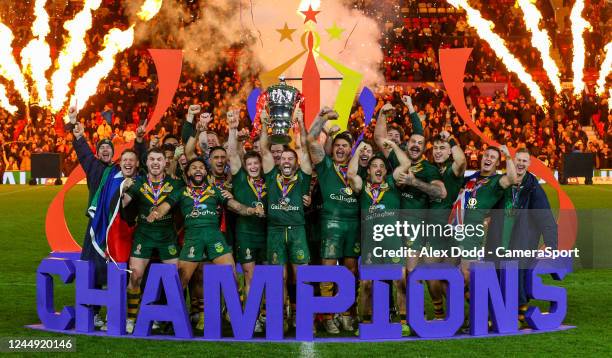 Australia lift the trophy during the Rugby League World Cup Final match between Australia and Samoa at Old Trafford on November 19, 2022 in...