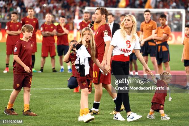 Francesco Totti with his wife Ilary Blasi and their children Chanel, Isabel and Cristian during his last match with A.S. Roma. Olympic stadium. Rome...