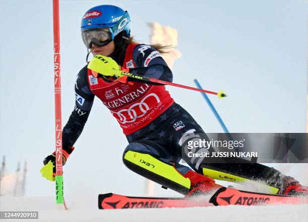 Mikaela Shiffrin of the US competes during the first run of the women's slalom event in the Alpine Skiing World Cup on the Levi black race slope in...