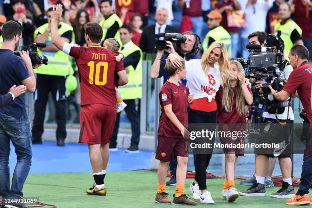 Francesco Totti with his wife Ilary Blasi and their children Chanel, Isabel and Cristian during his last match with A.S. Roma. Olympic stadium. Rome...