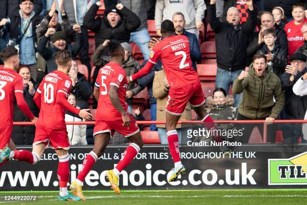 Walsalls Hayden White celebrates scoring their side's first goal of the game during the Sky Bet League 2 match between Walsall and Crawley Town at...