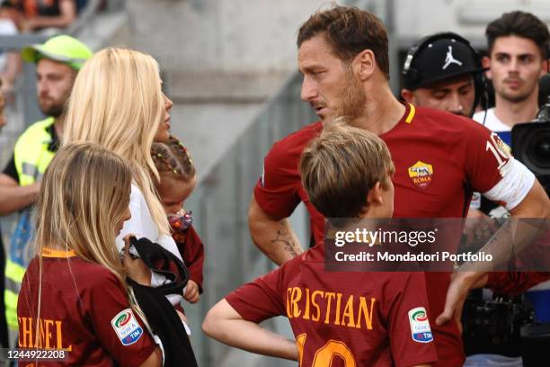 Francesco Totti with his wife Ilary Blasi and their children Chanel, Isabel and Cristian during his last match with A.S. Roma. Olympic stadium. Rome...