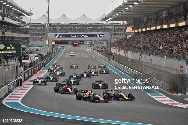 Drivers compete at the start of the Abu Dhabi Formula One Grand Prix at the Yas Marina Circuit in the Emirati city of Abu Dhabi on November 20, 2022.