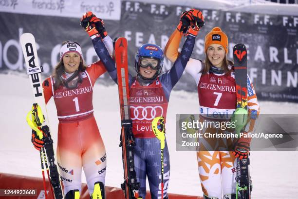 Wendy Holdener of Team Switzerland takes 2nd place, Mikaela Shiffrin of Team United States takes 1st place, Petra Vlhova of Team Slovakia takes 3rd...