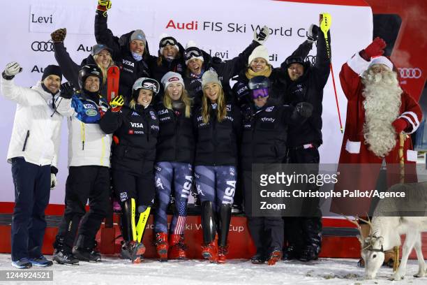 Mikaela Shiffrin of Team United States takes 1st place, Team Usa celebrates during the Audi FIS Alpine Ski World Cup Women's Slalom on November 20,...