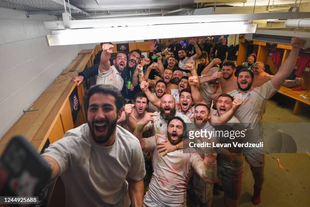 Giorgi Kveseladze of Georgia takes a selfie in the dressing room with the Georgian national team during the Autumn International match between Wales...