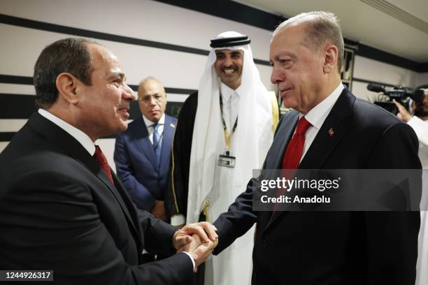 Turkish President Recep Tayyip Erdogan shakes hands with President of Egypt Abdel Fattah el-Sisi as they attend reception hosted by Qatari Emir...