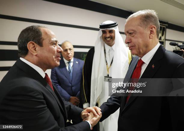 Turkish President Recep Tayyip Erdogan shakes hands with President of Egypt Abdel Fattah el-Sisi as they attend reception hosted by Qatari Emir...