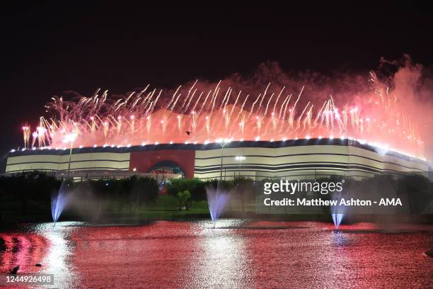General exterior view of the of the Al Bayt Stadium as fireworks are let off during the tournament opening ceremony ahead of the FIFA World Cup Qatar...