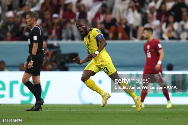 Enner Valencia of Ecuador celebrates after scoring a goal to make it 0-2 during the FIFA World Cup Qatar 2022 Group A match between Qatar and Ecuador...