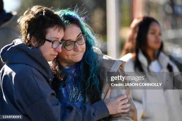 Jessy Smith Cruz embraces Jadzia Dax McClendon the morning after a mass shooting at Club Q, an LGBTQ nightclub in Colorado Springs, Colorado, on...