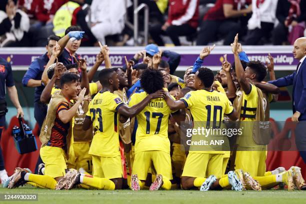 Ecuador celebrates the 0-2 of Enner Valencia of Ecuador during the FIFA World Cup Qatar 2022 group A match between Qatar and Ecuador at Al Bayt...