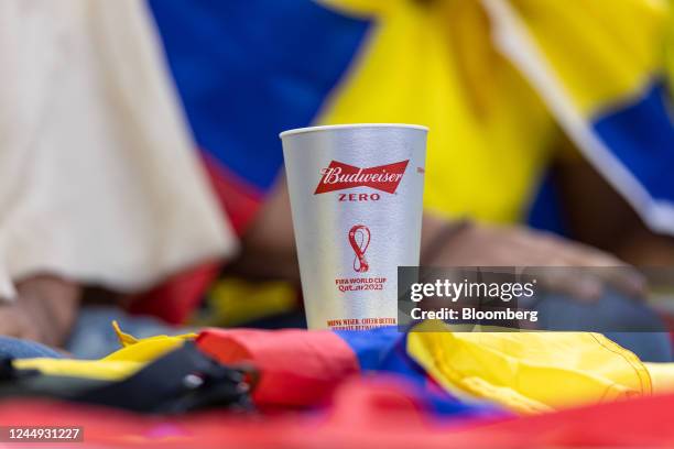 An Anheuser-Busch Budweiser Zero brand beer ahead of the first match of the FIFA World Cup at Al Bayt Stadium in Al Khor, Qatar, on Sunday, Nov. 20,...