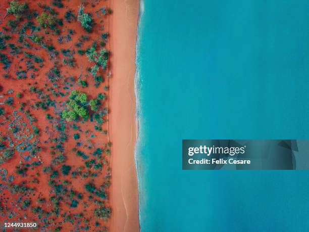 aerial top view of a bright orange sandy beach - australien meer stock-fotos und bilder