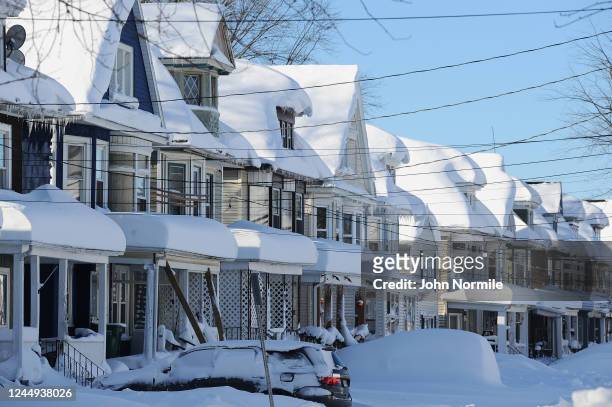 Buffalo, NY Snow covered homes after an intense lake-effect snowstorm that impacted the area on November 20, 2022 in Buffalo, New York. Around...