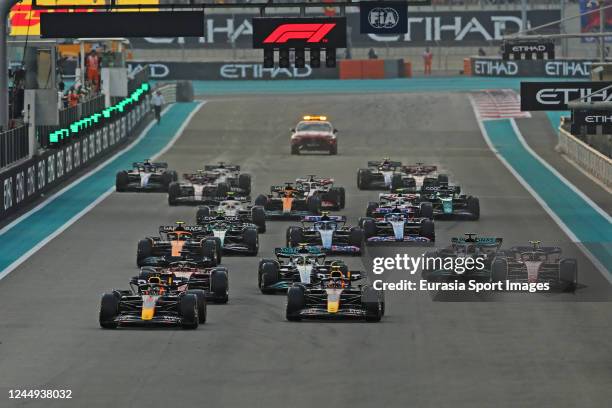 Max Verstappen of Netherlands Oracle Red Bull Racing RB18, Sergio Perez of Mexico of Oracle Red Bull Racing RB18, Charles Leclerc of Monaco Scuderia...