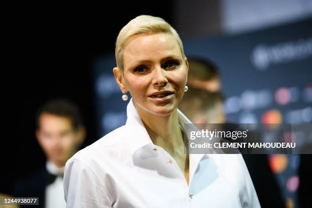 Princess Charlene of Monaco arrives on the red carpet before the 2022 World Rugby Awards ceremony in Monaco on November 20, 2022.