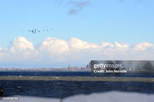 November 20: A flock of Geese fly over Lake Erie after an intense lake-effect snowstorm that impacted the area on November 20, 2022 in Hamburg, New...