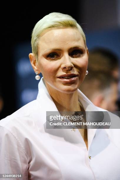 Princess Charlene of Monaco arrives on the red carpet before the 2022 World Rugby Awards ceremony in Monaco on November 20, 2022.