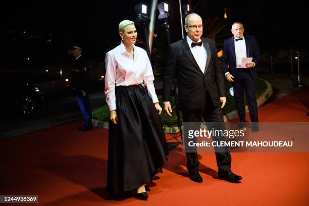 Princess Charlene of Monaco and Prince Albert II of Monaco arrive on the red carpet before the 2022 World Rugby Awards ceremony in Monaco on November...