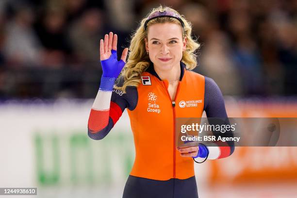 Joy Beune of The Netherlands after competing in the Women's A Group 3000m during the Speedskating World Cup 2 at Thialf on November 20, 2022 in...